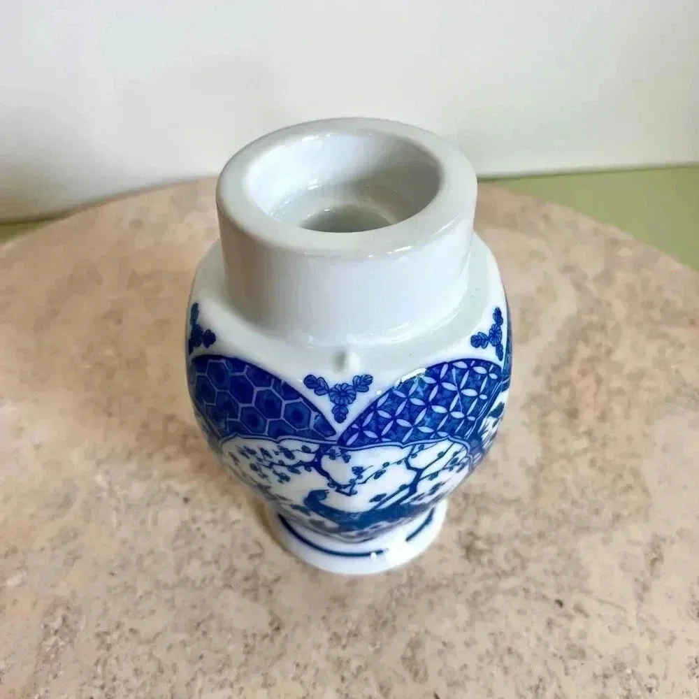 Vintage Japanese‎ Candle Stick Holder White Blue Peacock Pattern Home Decor